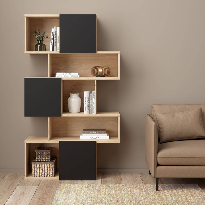 Maze Asymmetrical Bookcase with 3 Doors in Jackson Hickory and Black - TidySpaces