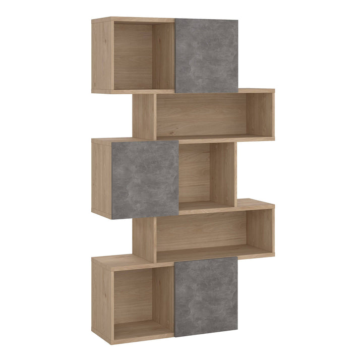 Maze Asymmetrical Bookcase with 3 Doors in Jackson Hickory and Concrete - TidySpaces