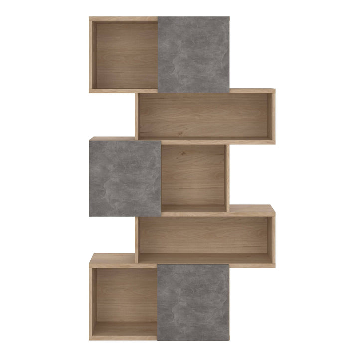 Maze Asymmetrical Bookcase with 3 Doors in Jackson Hickory and Concrete - TidySpaces