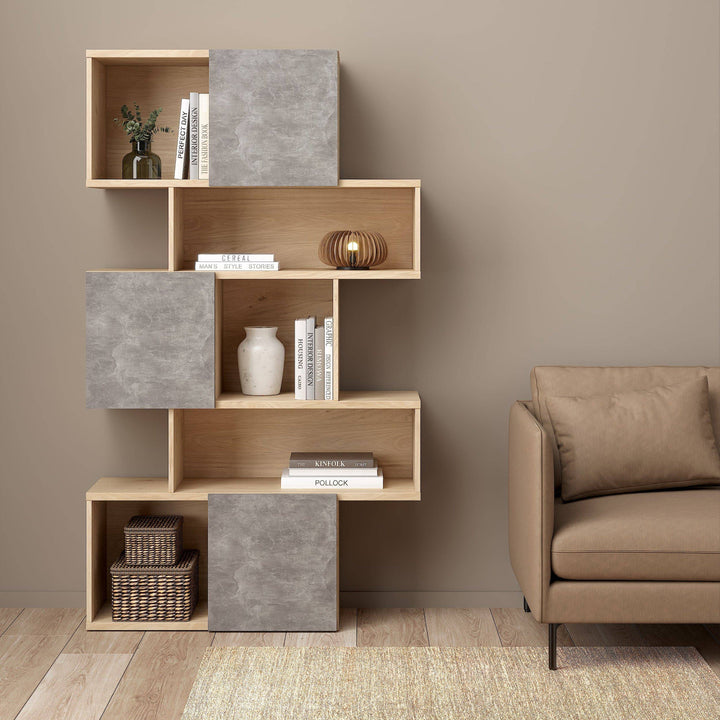 Maze Asymmetrical Bookcase with 3 Doors in Jackson Hickory and Concrete - TidySpaces