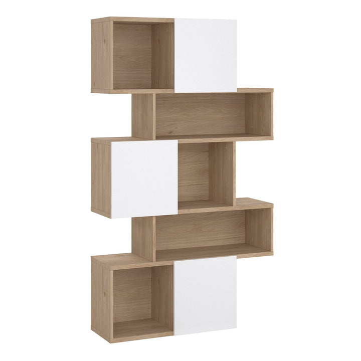 Maze Asymmetrical Bookcase with 3 Doors in Jackson Hickory and White High Gloss - TidySpaces