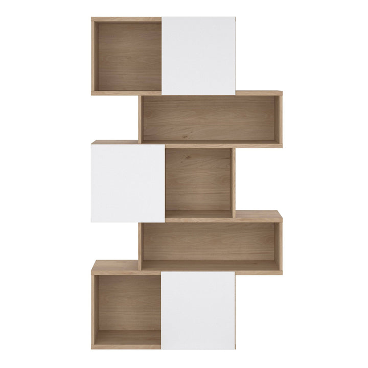 Maze Asymmetrical Bookcase with 3 Doors in Jackson Hickory and White High Gloss - TidySpaces