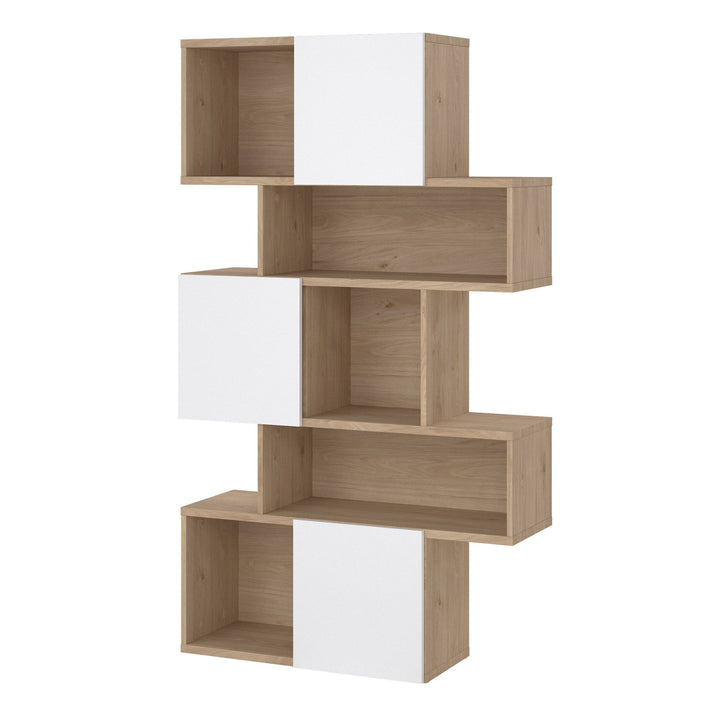 Maze Asymmetrical Bookcase with 3 Doors in Jackson Hickory and White High Gloss - TidySpaces