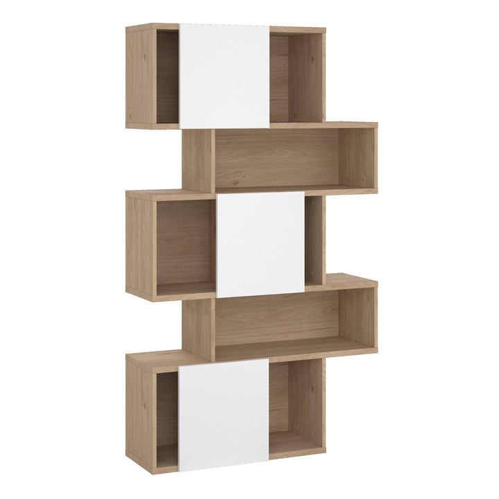 Maze Asymmetrical Bookcase with 3 Doors in Jackson Hickory and White High Gloss - TidySpaces