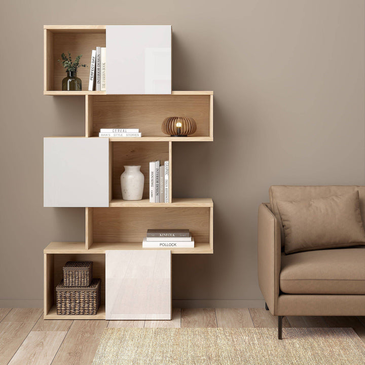 Maze Asymmetrical Bookcase with 3 Doors in Jackson Hickory and White High Gloss - TidySpaces