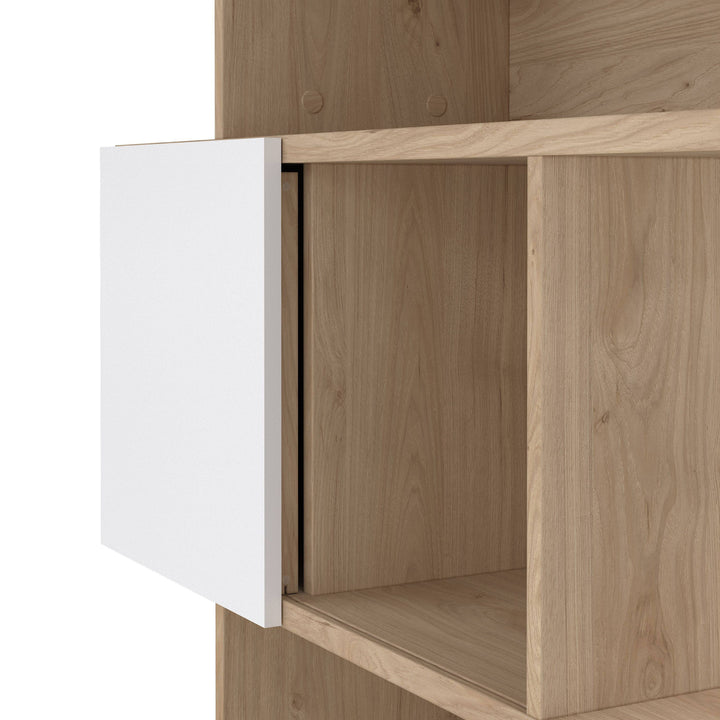 Maze Asymmetrical Bookcase with 3 Doors in Jackson Hickory and White High Gloss - TidySpaces