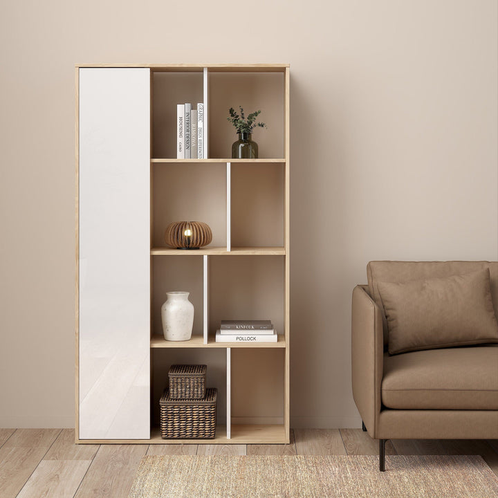 Maze Bookcase with 1 Door in Jackson Hickory and White High Gloss - TidySpaces