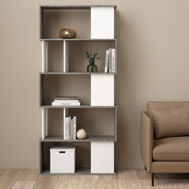 Maze Open Bookcase 4 Shelves in Concrete and White - TidySpaces