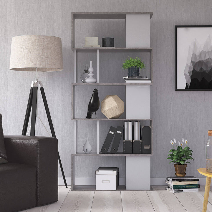 Maze Open Bookcase 4 Shelves in Concrete and White - TidySpaces
