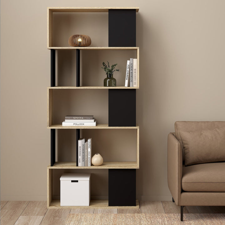 Maze Open Bookcase 4 Shelves in Oak and Black - TidySpaces