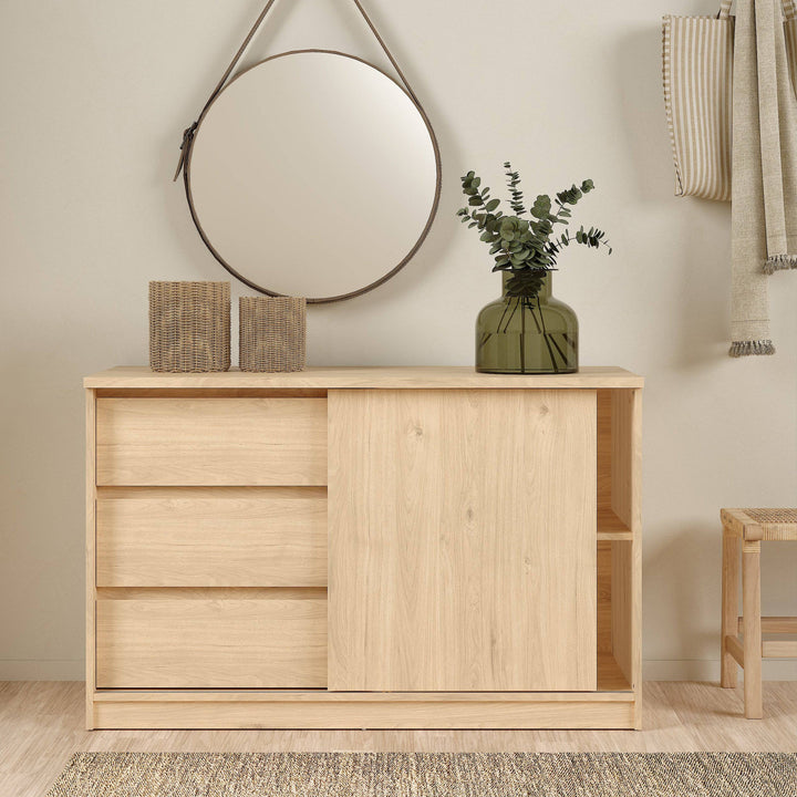 Naia Storage Unit with 1 Sliding Door and 3 Drawers in Jackson Hickory Oak - TidySpaces