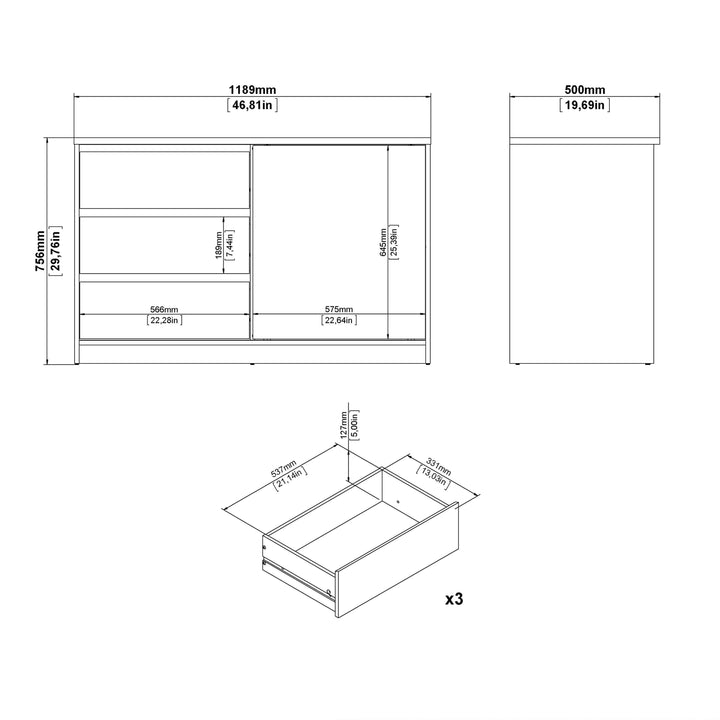 Naia Storage Unit with 1 Sliding Door and 3 Drawers in Jackson Hickory Oak - TidySpaces