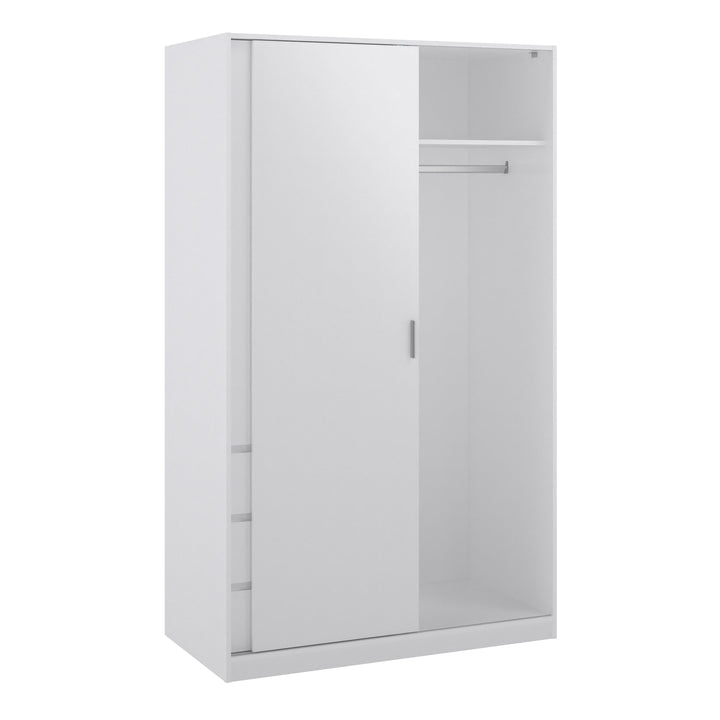Naia Wardrobe with 1 Sliding door + 1 door + 3 drawers in White High Gloss - TidySpaces