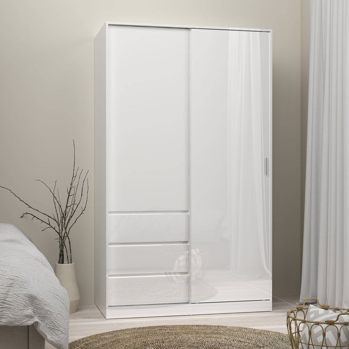 Naia Wardrobe with 1 Sliding door + 1 door + 3 drawers in White High Gloss - TidySpaces
