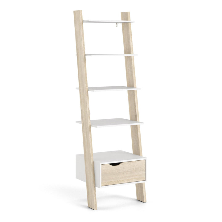 Oslo Leaning Bookcase 1 Drawer in White and Oak - TidySpaces