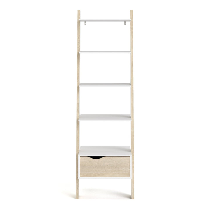 Oslo Leaning Bookcase 1 Drawer in White and Oak - TidySpaces
