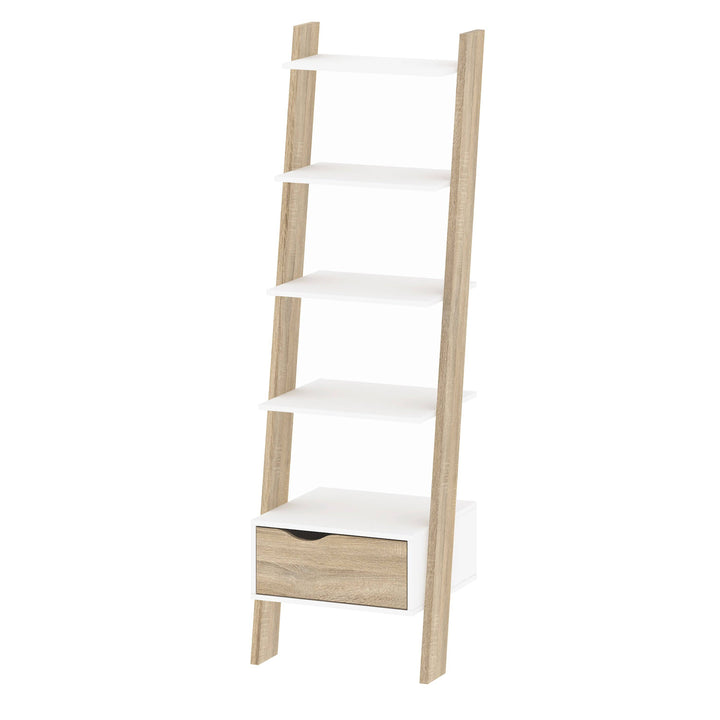 Oslo Leaning Bookcase 1 Drawer in White and Oak - TidySpaces