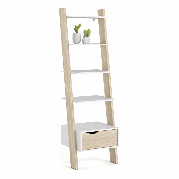 Oslo Leaning Bookcase 1 Drawer in White and Oak - TidySpaces
