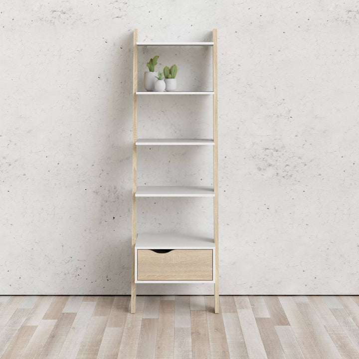Oslo Leaning Bookcase 1 Drawer in White and Oak - TidySpaces