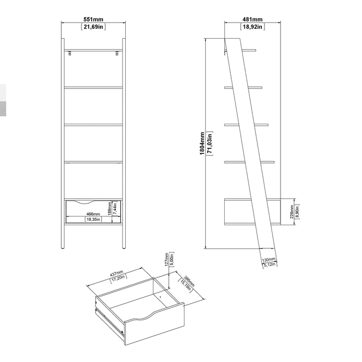 Oslo Leaning Bookcase 1 Drawer in White and Oak - TidySpaces