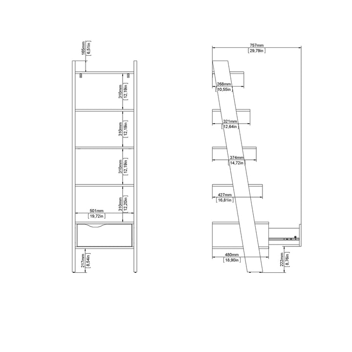 Oslo Leaning Bookcase 1 Drawer in White and Oak - TidySpaces