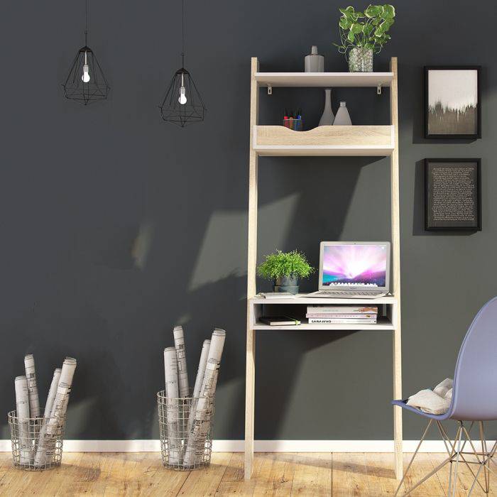 Oslo Leaning Desk in White and Oak - TidySpaces