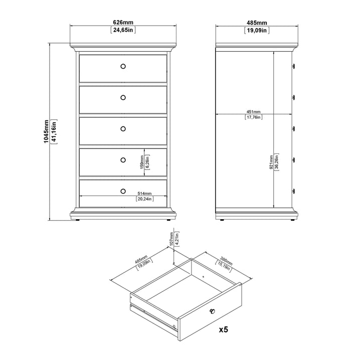 Paris Chest 5 drawers in Matt Grey - TidySpaces