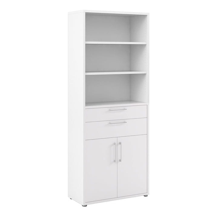 Prima Bookcase 3 Shelves With 2 Drawers And 2 Doors In White - TidySpaces