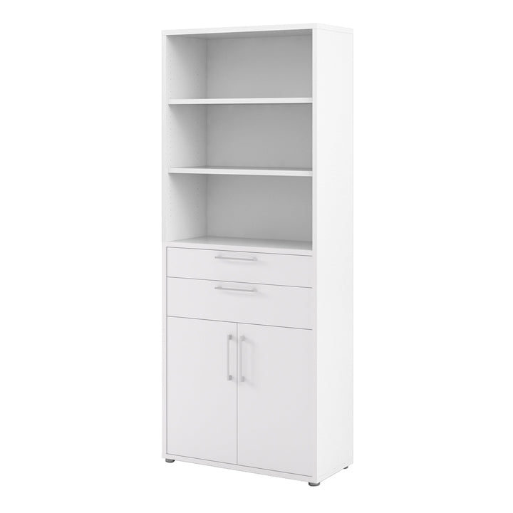 Prima Bookcase 3 Shelves With 2 Drawers And 2 Doors In White - TidySpaces
