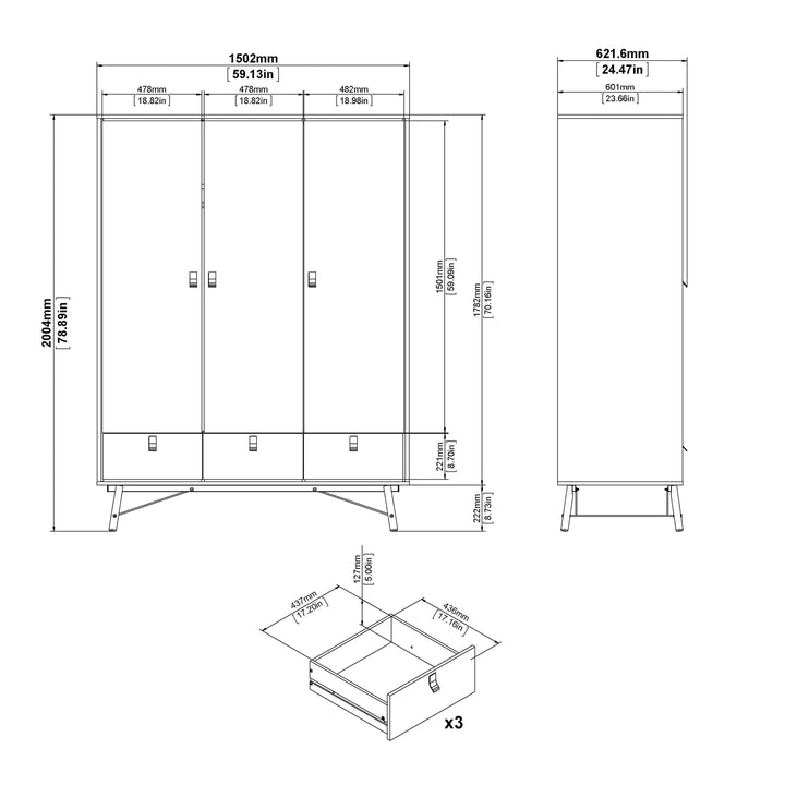 Ry Wardrobe 3 Doors + 3 Drawers in Jackson Hickory Oak - TidySpaces