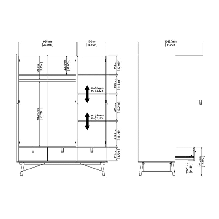 Ry Wardrobe 3 Doors + 3 Drawers in Jackson Hickory Oak - TidySpaces
