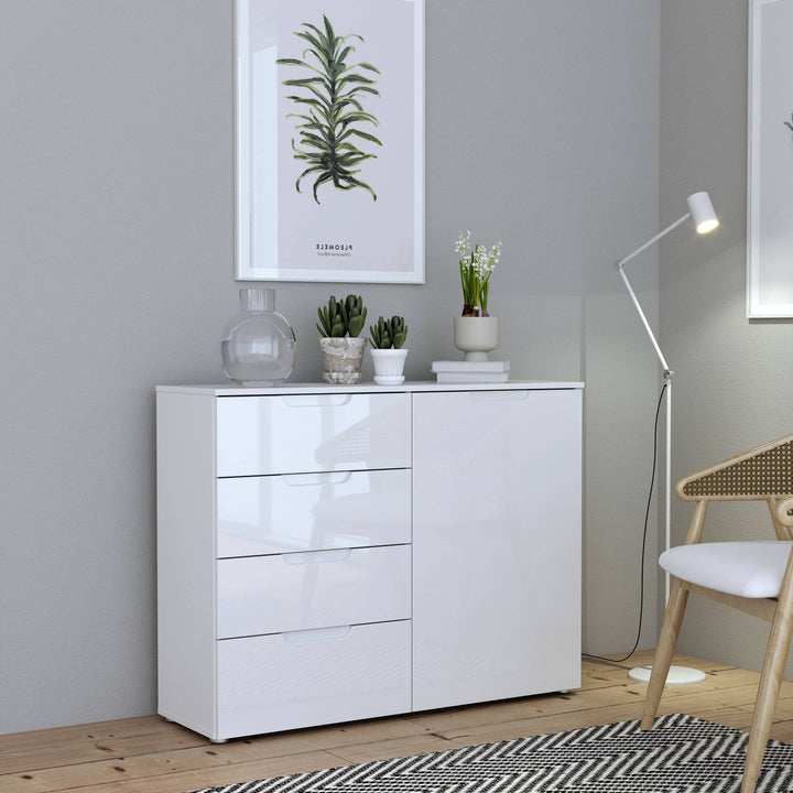 Sienna 4 Chest of Drawers 1 Door in White/White High Gloss - TidySpaces