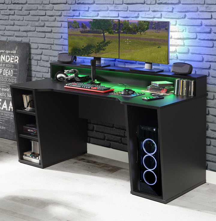 Tezaur Gaming Desk 2 Shelves with LED in Matt Black - TidySpaces