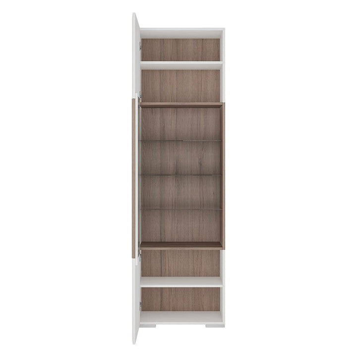 Toronto Tall narrow glazed display cabinet with internal shelves (inc. Plexi Lighting) In White and Oak - TidySpaces