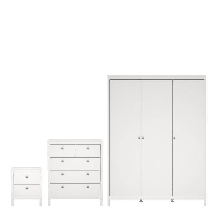 Madrid 3 Piece Bundle, Bedside, Chest and 3 Door Wardrobe White - TidySpaces