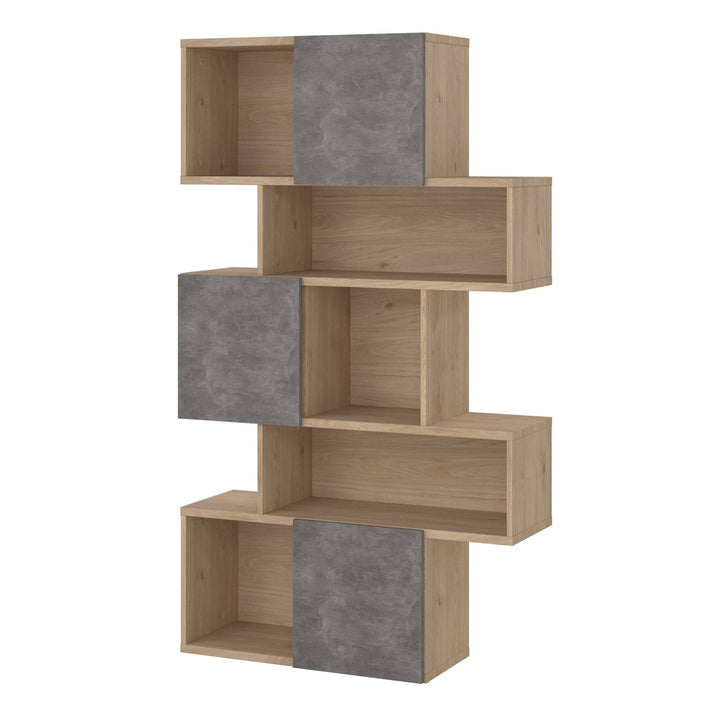 Maze Asymmetrical Bookcase with 3 Doors in Jackson Hickory and Concrete - TidySpaces
