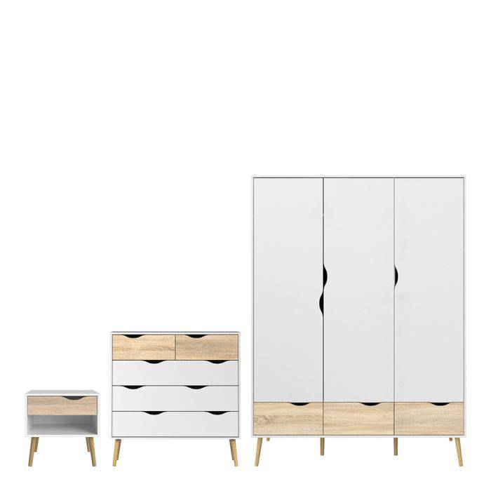 Oslo 3 Piece Bundle, Bedside, Chest Wardrobe in White and Oak White and Oak 3 door - TidySpaces