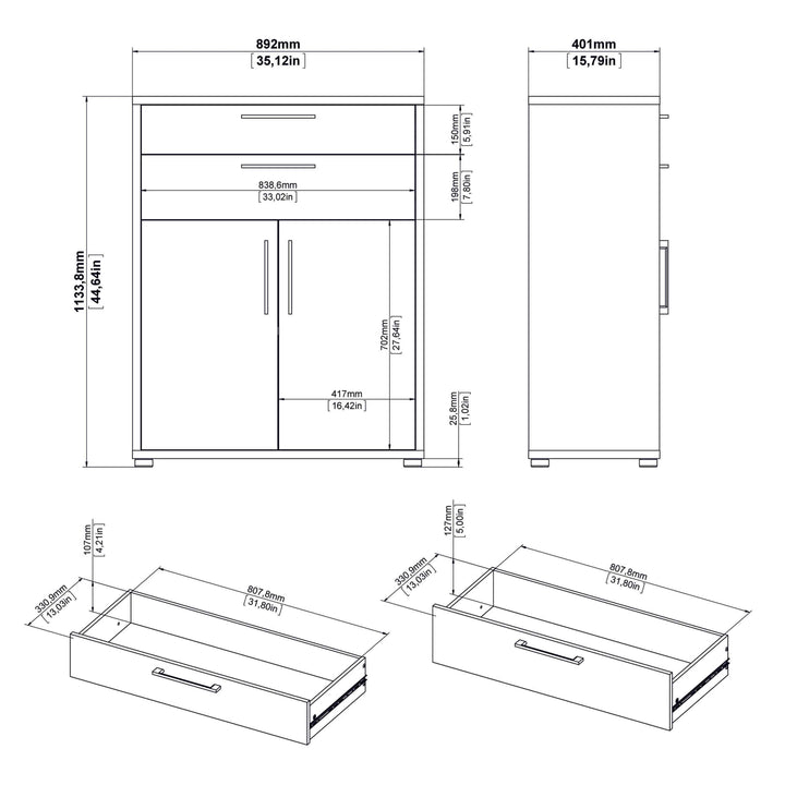 Prima Bookcase 3 Shelves With 2 Drawers And 2 Doors In White - TidySpaces