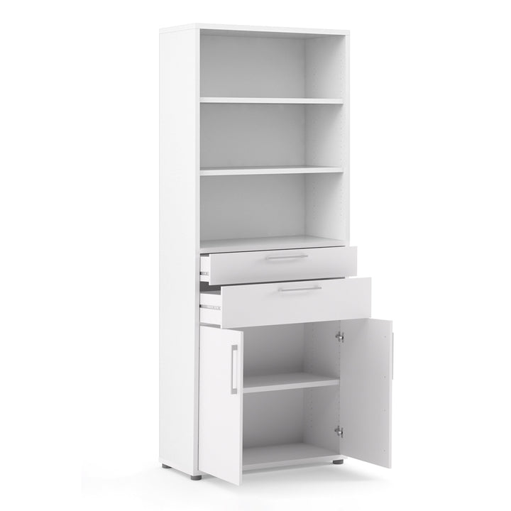 Prima Bookcase 3 Shelves With 2 Drawers And 2 Doors In White - TidySpaces