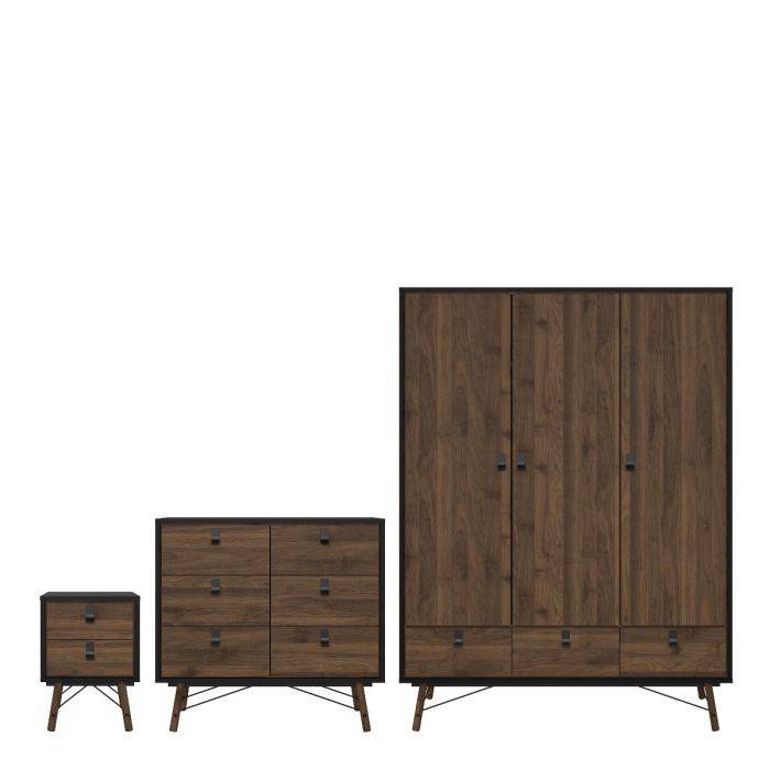 Ry 3 Piece Bundle, Bedside, Chest and 3 Door 3 Drawer Wardrobe Matt Black Walnut - TidySpaces