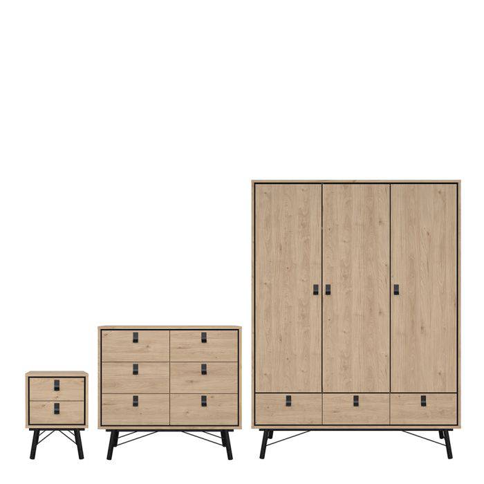 Ry 3 Piece Bundle, Bedside, Chest and 3 Door 3 Drawer Wardrobe Jackson Hickory Oak - TidySpaces