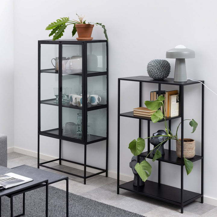 Seaford 2 Glass Door Display Cabinet in Black - TidySpaces