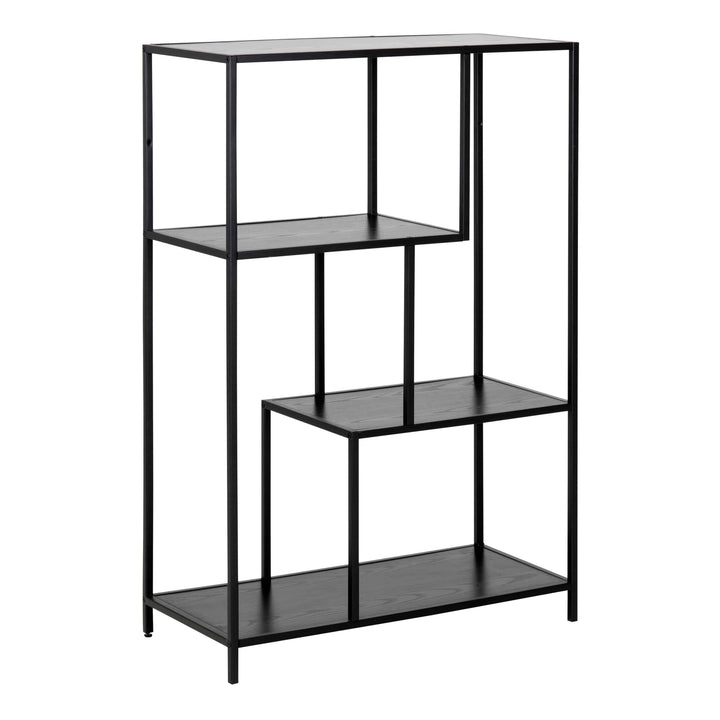 Seaford Black Metal Asymmetrical Bookcase with 3 Black Shelves - TidySpaces