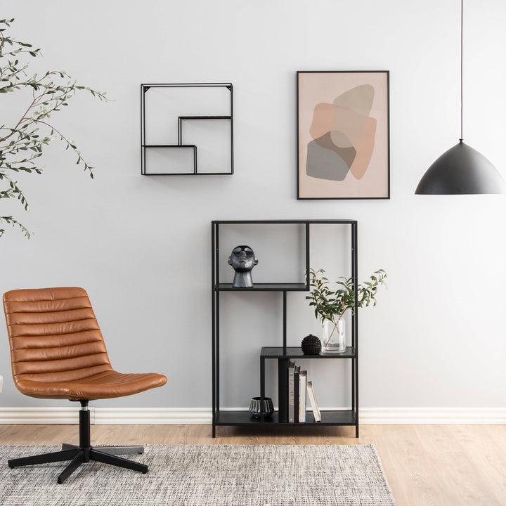 Seaford Black Metal Asymmetrical Bookcase with 3 Black Shelves - TidySpaces