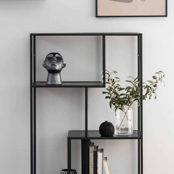 Seaford Black Metal Asymmetrical Bookcase with 3 Black Shelves - TidySpaces