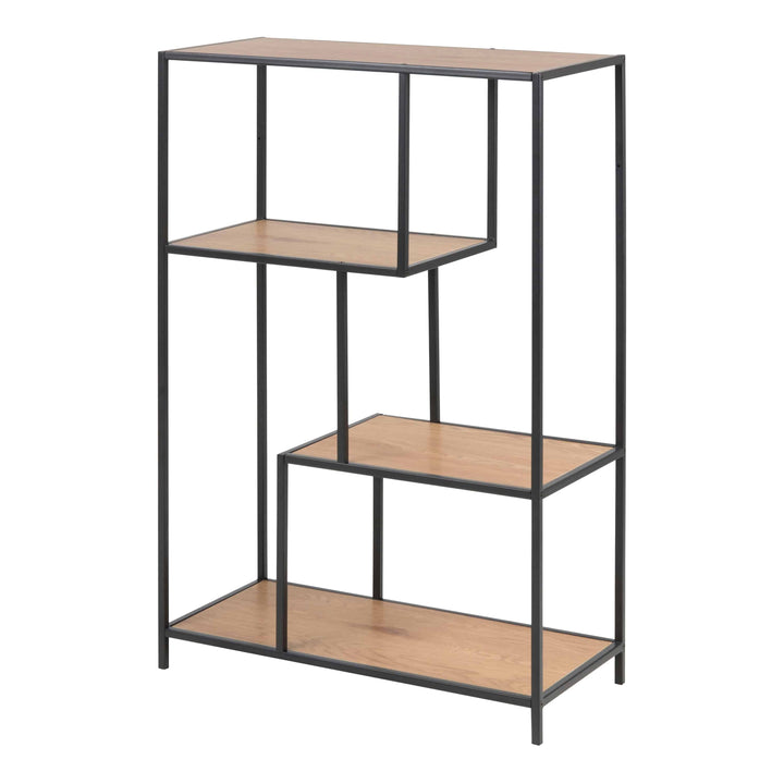 Seaford Black Metal Asymmetrical Bookcase with 3 Oak Shelves - TidySpaces