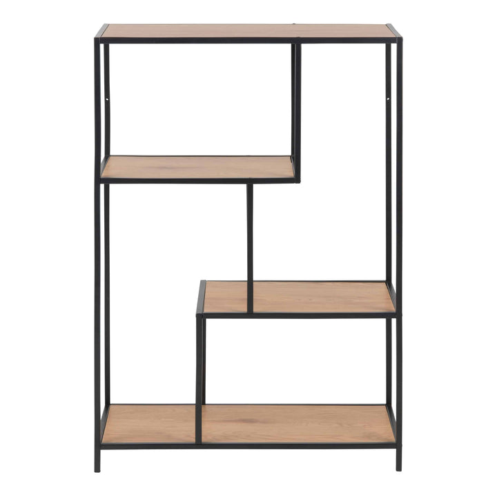 Seaford Black Metal Asymmetrical Bookcase with 3 Oak Shelves - TidySpaces
