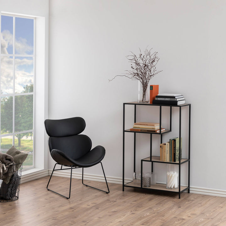 Seaford Black Metal Asymmetrical Bookcase with 3 Oak Shelves - TidySpaces