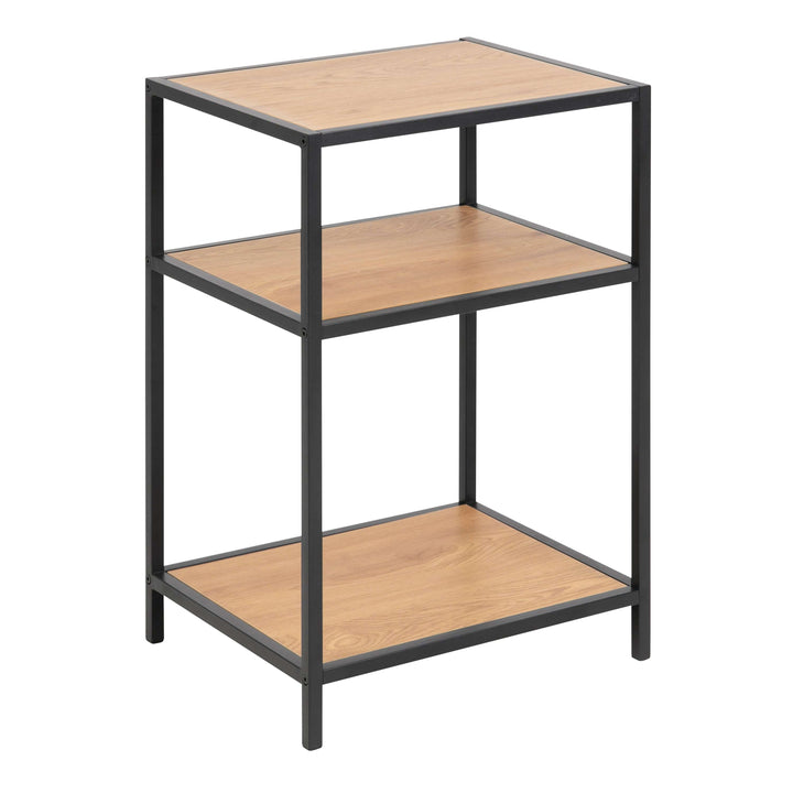 Seaford Black Metal Bedside Table with 2 Oak Shelves - TidySpaces