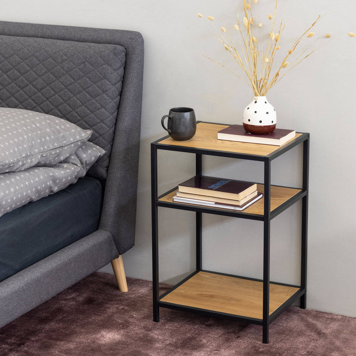 Seaford Black Metal Bedside Table with 2 Oak Shelves - TidySpaces